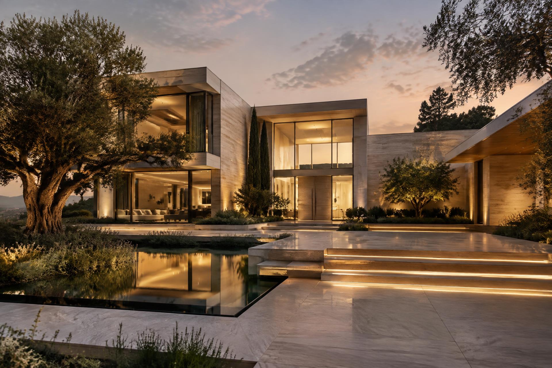 Contemporary luxury residence at dusk with warm interior light