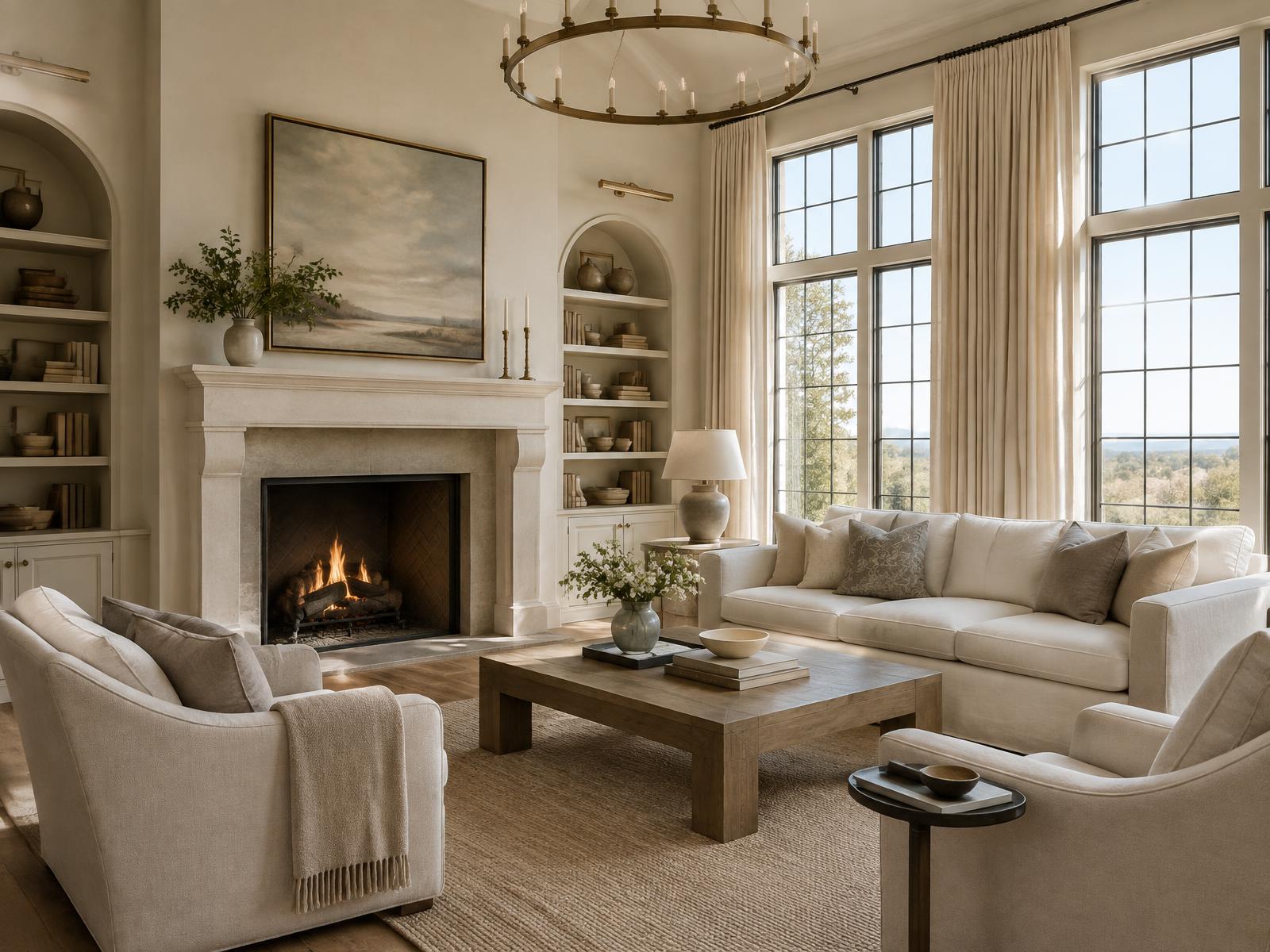 Elegant living room interior with fireplace and tall windows